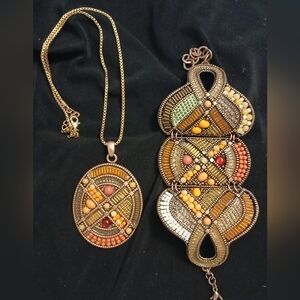 Beaded Pendant Necklace And Hinged Bracelet Earth Copper Tone Boho Set